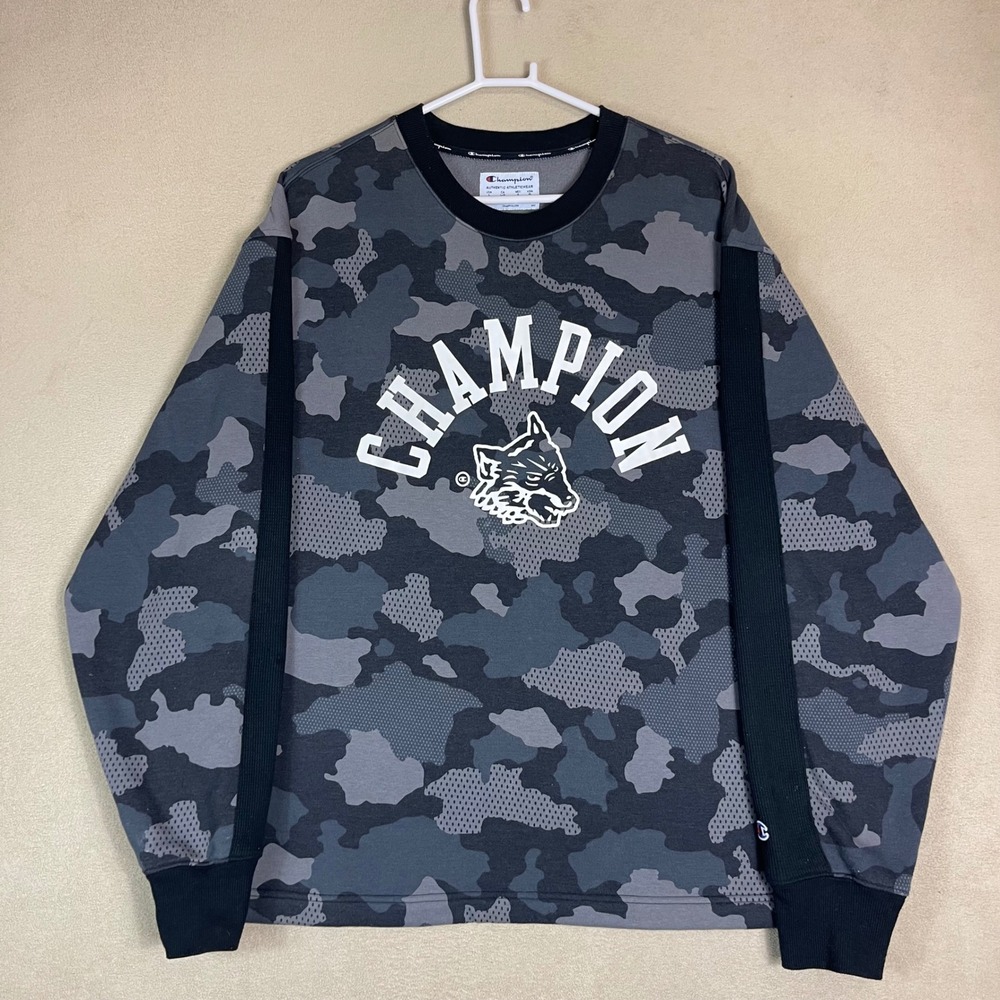 Champion Gray Camo Crewneck Pullover Long Sleeve Athletic Wolf Logo Mens Large